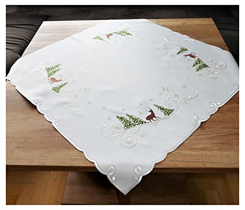 atelier alles-Spitze Winterliche bestickte Plauener Spitzendecke Mitteldecke Winterhirsch 84 x 84 cm cremeweißer Satin Tischdekoration von atelier alles-Spitze