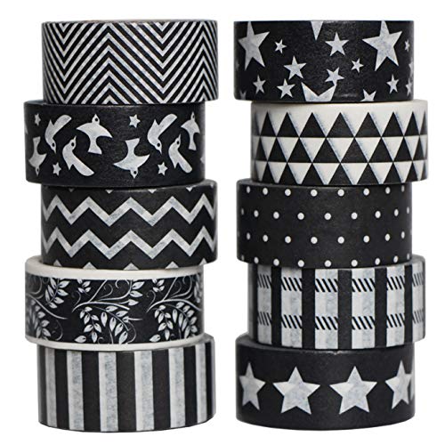 aufodara 10er Schwarz Weiß Washi Tape Schwarz Weiß Klebeband Dekoband Masking Tape, 4M/Rolle, 15MM Wide, Schwarz und Weiß Schönen Mustern (Mustern-A) von aufodara