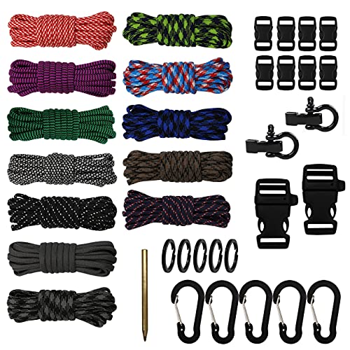 aufodara Paracord Set Armband Combo Handwerk Kit, 12 Farben Paracord 4mm Schnur mit Verschluss, Karabinerschnallen, Schlüsselring, Paracord Nadel für DIY Armband Schlüsselanhänger Zeltseil (Bunt -A) von aufodara