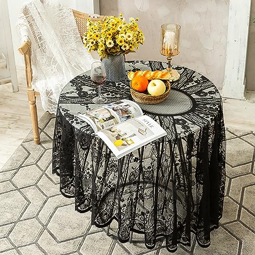 Schwarz Spitze Tischdecke Runde, Vintage floral bestickte Tischdecke, Elegantes Chic Overlay Tischtuch für Hochzeit Bankett Party Esstisch Dekor, Rund 150cm/60inch von auons