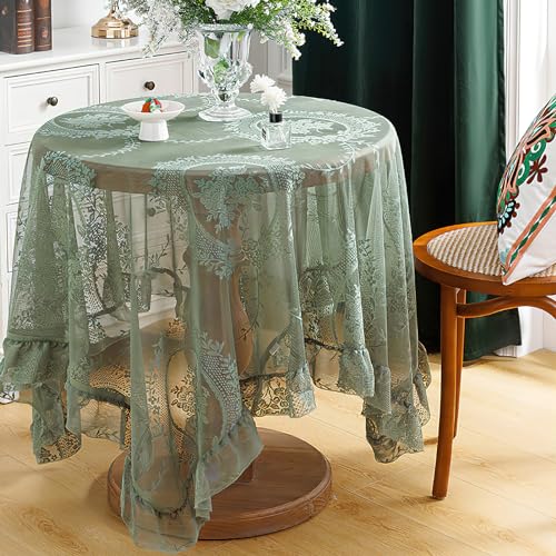 Spitze Tischdecke mit rüschen, Grün Vintage Overlay Rechteckige Spitzentischdecke, französische rustikale bestickte Tischdecke für Hochzeit Party Bankett Empfang, 140x140cm von auons