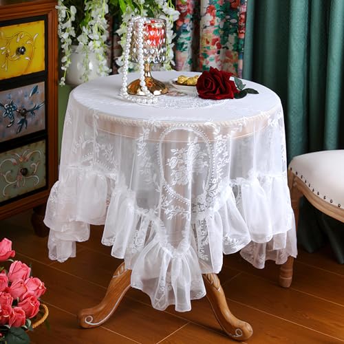 Vintage Weiße Spitze Tischdecke Blumen Bestickte Rüschen Quadratisch Tischtuch, französische rustikale Häkeltischdecke für Hochzeit Party Bankett Dekoration, 130x130cm von auons