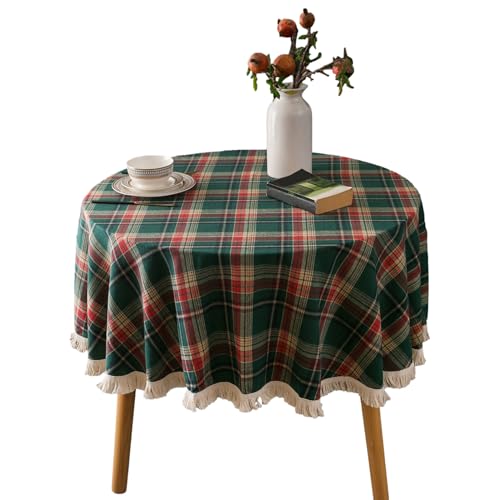 auons Weihnachtstischdecke Grün Karierte Tischdecke rund 150 cm, Xmas Weihnachten Plaid Tischdecke mit Quasten Weihnachtsdekoration Tischdecke für Party Winter Holiday Home Decor von auons