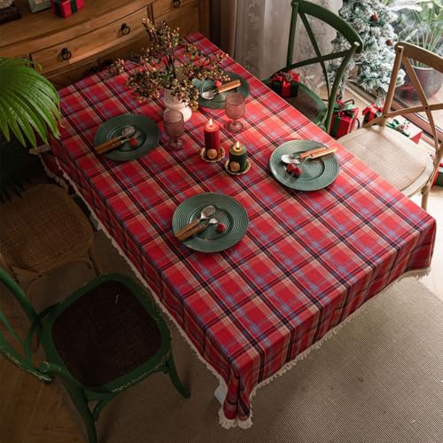 auons Weihnachtstischdecke Rot Karierte Tischdecke für Rechtecktische, Xmas Plaid Tischdecke mit Quasten Weihnachtsdekoration Tischdecke für Party Winter Holiday Home Decor, 140x180 cm von auons