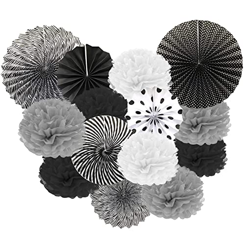 aupawdy 14 Stück Seidenpapier Pompoms Hängende Papier Fans Papierblumen Ball Pompons Schwarz für Geburtstag Hochzeit Baby Dusche Parteien Hauptdekorationen(Schwarz-Weiß-Thema) von aupawdy