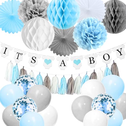 aupawdy 40 Stück Babyparty-Dekorationen, blaue Babyparty-Dekoration, Junge, Papierfächer, Wimpelkette, Band, „It’s A Boy“-Banner für Babyparty-Dekoration von aupawdy