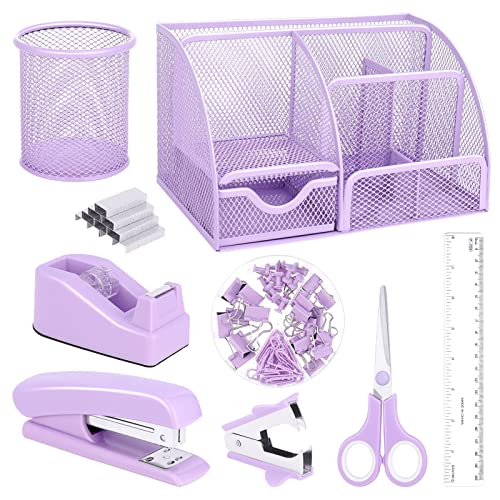 Schreibtisch-Organizer und Zubehör, lila Geschenk, lila Bürobedarf, 7 Fächer, Schreibtisch-Organizer mit Hefter, Klebebandabroller, 1000 Heftklammern, Stifthalter, Klammerentferner, Clips, Lineal, von auroray