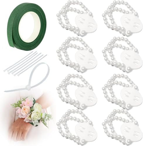 8 Stück Hochzeit Handgelenk Armbänder, Elastische Perlen Handgelenkbänder, DIY Blumen Armbänder für Brautjungfer, Braut Hochzeit, Strandparty, Abschlussball, mit grüner Floristenband und Kabelbindern von azttior