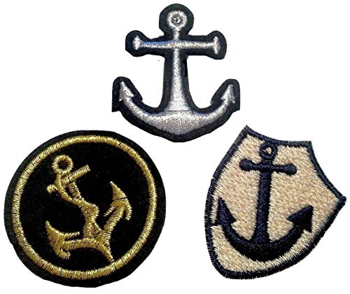 B2SEE Aufnäher Iron on Patches für Jacken Jeans Kleidung Aufbügler Wappen Applikation Stickerei Set Marine Maritim Anker schwarz Gold Silber blau 4 bis 4,5 cm 3 Stueck 3 Designs von B2SEE