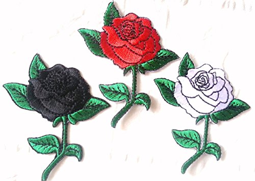 Blumen Aufnäher für Jeans Jacken Kleidung Set Bügelbilder Flicken Applikation Patches Aufbügler Aufnäher zum aufbügeln 3 er Set je 8 x 6 cm DREI Rosen - schwarz rot und Silber von B2See