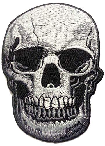 b2see Iron on Bügel Aufnäher Biker Skull Patch Flicken Aufbügler Bügelbild Applikation Sticker-Ei Skelett Totenkopf Silber 9 x 7 cm von b2see