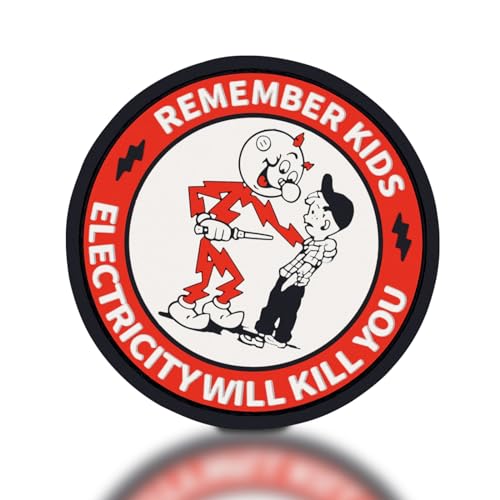 backtime Remember Kids Electricity Will Kill You Morale Patch PVC, Reddy Kilowatt Warning Tactical Patch with Hook & Loop Fastener, Funny 3D Humor Patch for Backpacks, Bag, Jacket, Vest, Helm, Round von backtime