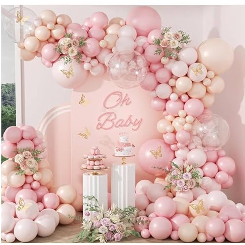 Luftballon Girlande Rosa, 108 Stück Pastell Ballonbogen Set mit Rosa Nude Transparente Luftballons, Pastellrosa Dekoration für Mädchen Frau Geburtstag, Babyparty, Brautparty, Hochzeit, Engagement von balloon garland