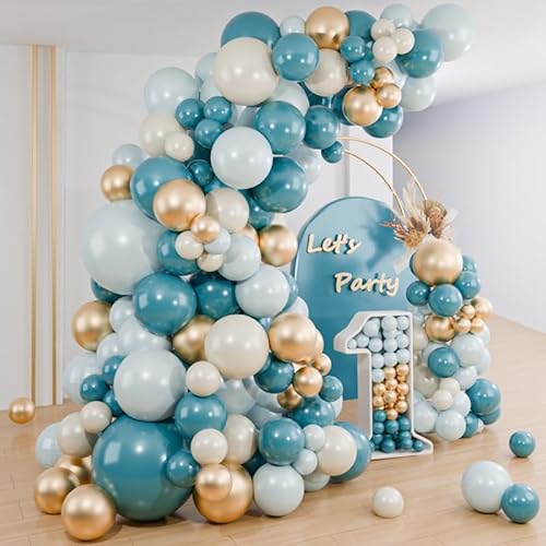 Luftballon Girlande Blau, 109 Stück Staubig Blau Ballonbogen mit Blau Weißer Sand Gold Ballons, Luftballon Girlande Retro Blau für Blaue Geburtstags Deko, Babyparty, Hochzeits, Geschlechtsenthüllung von balloon garland