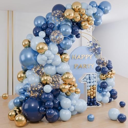 Luftballons Girlande Geburtstag Blau Gold,104 Stück Luftballons Blau Gold und Gold Konfetti, Luftballon Girlande Blau für Geburtstagsdeko, Babyparty Deko Junge, Abschluss Deko, Weltraum Motto Party von balloon garland