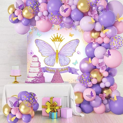 Luftballon Girlande Lila und Rosa Geburtstagsdeko Mädchen und Frauen, Schmetterlings Geburtstagsparty Dekorationen mit Lila und Rosa Ballons, Schmetterlings Hintergrund und Schmetterlings Aufkleber von balloon garland