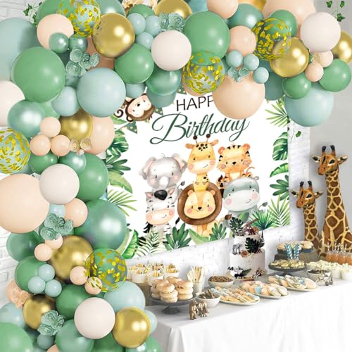 Grün Dschungel Geburtstag Deko, Waldtiere Geburtstag Deko mit Grün Gold Weiß Luftballon Girlande und Tier Hintergrund Tuch, Grün Gold Geburtstags Dekoration für Thema Dschungeltiere Geburtstags Party von balloon garland