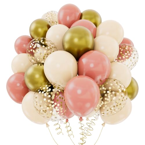 Luftballons Rosa Gold, 62 Stück 12 Zoll Luftballons Altrosa Aprikose Gold Konfetti Ballons mit Band, Ballons Retro Rosa Beige für Geburtstag Boho Hochzeit Babyparty Jubiläum Braut Dusche Graduierung von balloon garland