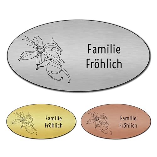 banjado® Türschild 2 Bronze personalisiert/Graviertes Klingelschild selbstklebend oder als Namensschild Briefkasten versch. Größen & Designs/Hausschild personalisiert für Draußen mit Namen Lilie von banjado