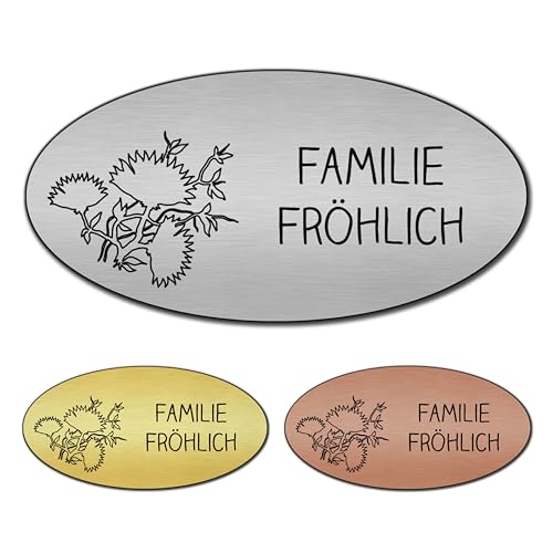 banjado® Türschild 2 Bronze personalisiert Graviertes Klingelschild selbstklebend oder als Namensschild Briefkasten versch. Größen Hausschild personalisiert für Draußen mit Namen Chrysanthemen von banjado