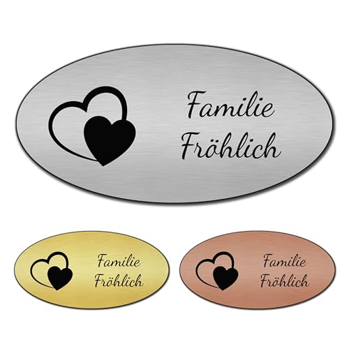 banjado® Türschild 2 Bronze personalisiert Graviertes Klingelschild selbstklebend oder als Namensschild Briefkasten versch. Größen Hausschild personalisiert für Draußen mit Namen zwei Herzen von banjado