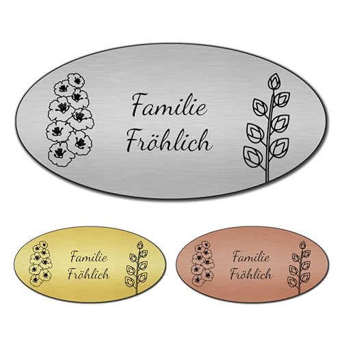 banjado® Türschild 2 Gold personalisiert/Graviertes Klingelschild selbstklebend oder als Namensschild Briefkasten versch. Größen & Designs/Hausschild personalisiert für Draußen mit Namen Blumen von banjado