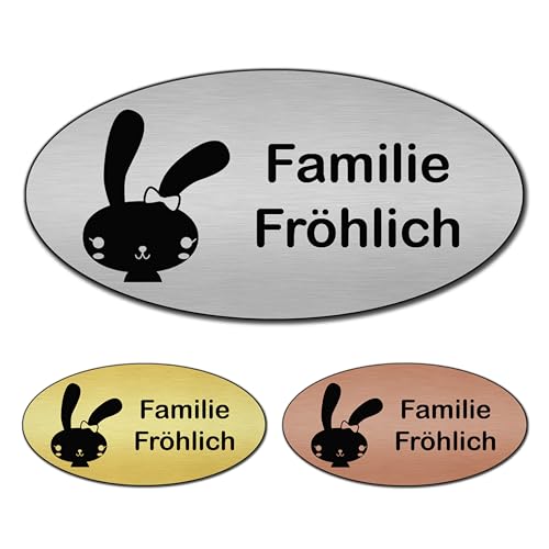 banjado® Türschild 2 Gold personalisiert/Graviertes Klingelschild selbstklebend oder als Namensschild Briefkasten versch. Größen & Designs/Hausschild personalisiert für Draußen mit Namen Hase von banjado