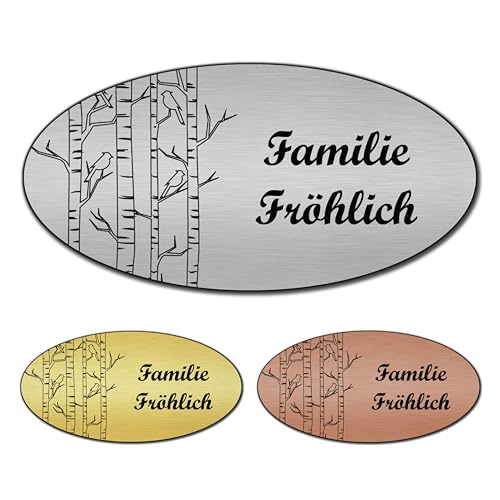 banjado® Türschild 2 Gold personalisiert/Graviertes Klingelschild selbstklebend oder als Namensschild Briefkasten versch. Größen & Designs/Hausschild personalisiert für Draußen mit Namen Birken von banjado