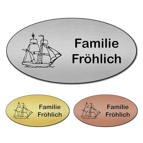 banjado® Türschild 2 Gold personalisiert/Graviertes Klingelschild selbstklebend oder als Namensschild Briefkasten versch. Größen & Designs/Hausschild personalisiert für Draußen mit Namen Schiff von banjado