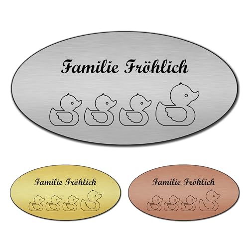 banjado® Türschild 2 Gold personalisiert Graviertes Klingelschild selbstklebend oder als Namensschild Briefkasten versch. Größen Hausschild personalisiert für Draußen mit Namen Entenfamilie von banjado