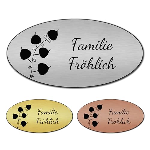 banjado® Türschild 2 Silber personalisiert/Graviertes Klingelschild selbstklebend oder als Namensschild Briefkasten versch. Größen & Designs/Hausschild personalisiert für Draußen mit Namen Laub von banjado