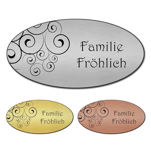 banjado® Türschild 2 Silber personalisiert/Graviertes Klingelschild selbstklebend oder als Namensschild Briefkasten versch. Größen & Designs/Hausschild personalisiert für Draußen mit Namen Ranken von banjado