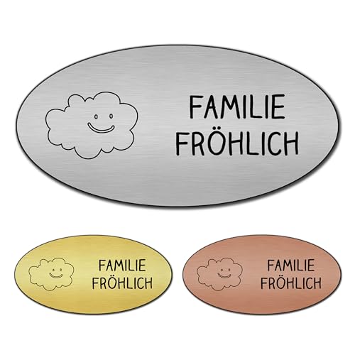 banjado® Türschild 2 Silber personalisiert Graviertes Klingelschild selbstklebend oder Namensschild Briefkasten versch. Größen Hausschild personalisiert für Draußen mit Namen glückliche Regenwolken von banjado