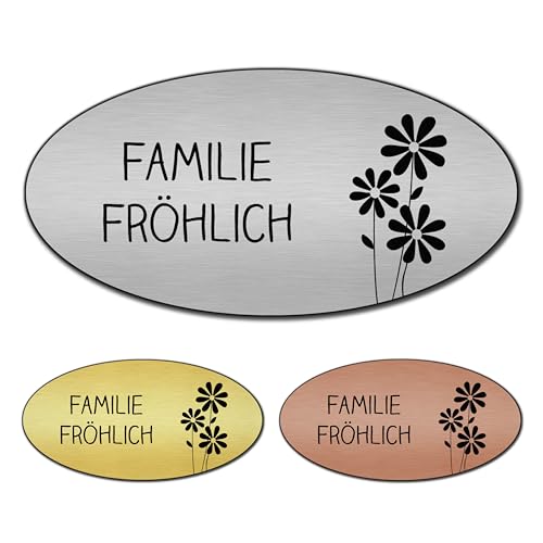 banjado® Türschild 2 Silber personalisiert Graviertes Klingelschild selbstklebend oder als Namensschild Briefkasten versch. Größen Hausschild personalisiert für Draußen mit Namen Gänseblümchen von banjado