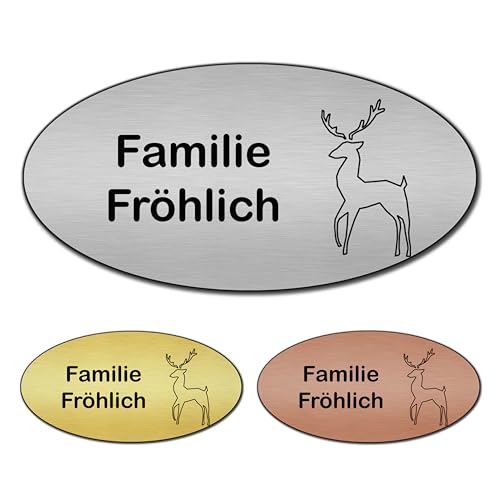 banjado® Türschild 2 Silber personalisiert Graviertes Klingelschild selbstklebend oder als Namensschild Briefkasten versch. Größen Hausschild personalisiert für Draußen mit Namen Origami Hirsch von banjado