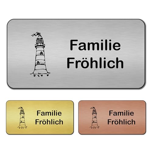 banjado® Türschild Bronze personalisiert/Graviertes Klingelschild selbstklebend oder als Namensschild Briefkasten versch. Größen & Designs/Hausschild personalisiert für Draußen mit Namen Leuchtturm von banjado