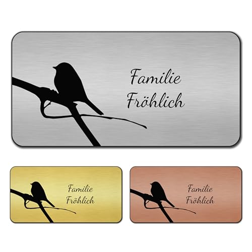 banjado® Türschild Bronze personalisiert/Graviertes Klingelschild selbstklebend oder als Namensschild Briefkasten versch. Größen & Designs Hausschild personalisiert für Draußen mit Namen Früher Vogel von banjado