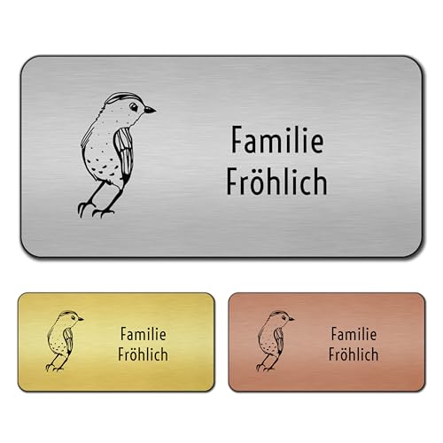 banjado® Türschild Gold personalisiert/Graviertes Klingelschild selbstklebend oder als Namensschild Briefkasten versch. Größen & Designs/Hausschild personalisiert für Draußen mit Namen Vögelchen von banjado