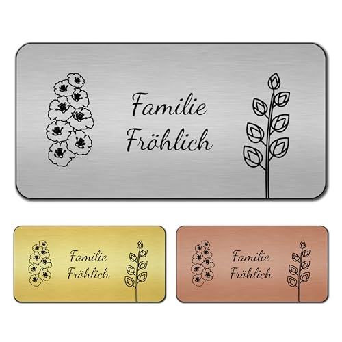 banjado® Türschild Gold personalisiert/Graviertes Klingelschild selbstklebend oder als Namensschild Briefkasten versch. Größen & Designs/Hausschild personalisiert für Draußen mit Namen Blumen von banjado