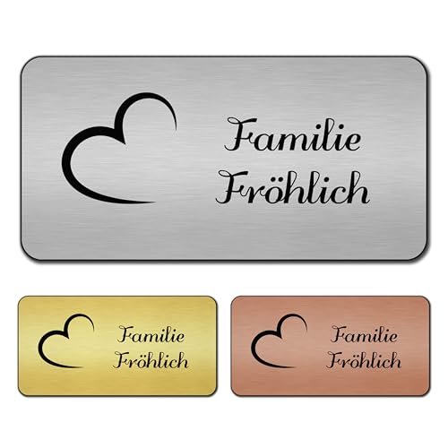 banjado® Türschild Gold personalisiert/Graviertes Klingelschild selbstklebend oder als Namensschild Briefkasten versch. Größen & Designs/Hausschild personalisiert für Draußen mit Namen Herz von banjado