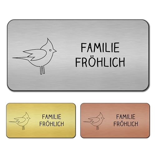 banjado® Türschild Gold personalisiert/Graviertes Klingelschild selbstklebend oder als Namensschild Briefkasten versch. Größen & Designs/Hausschild personalisiert für Draußen mit Namen Vogel von banjado