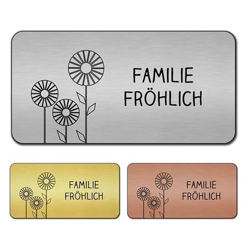 banjado® Türschild Gold personalisiert Graviertes Klingelschild selbstklebend oder als Namensschild Briefkasten versch. Größen Hausschild personalisiert für Draußen mit Namen Abstrakte Margeriten von banjado