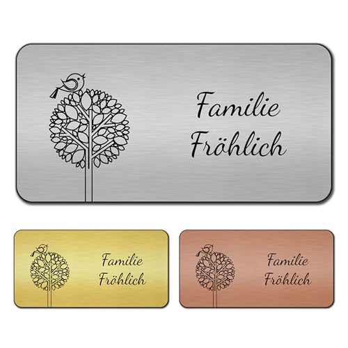 banjado® Türschild Silber personalisiert/Graviertes Klingelschild selbstklebend oder als Namensschild Briefkasten versch. Größen & Designs/Hausschild personalisiert für Draußen mit Namen Drei Bäume von banjado