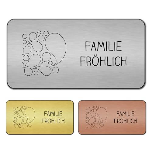 banjado® Türschild Silber personalisiert/Graviertes Klingelschild selbstklebend oder als Namensschild Briefkasten versch. Größen & Designs/Hausschild personalisiert für Draußen mit Namen Tropfen von banjado