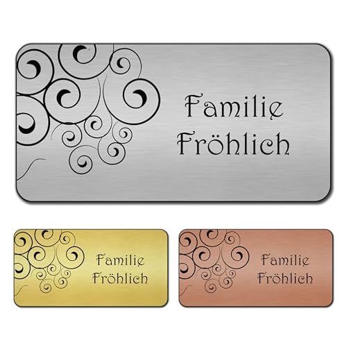 banjado® Türschild Silber personalisiert/Graviertes Klingelschild selbstklebend oder als Namensschild Briefkasten versch. Größen & Designs/Hausschild personalisiert für Draußen mit Namen Ranken von banjado