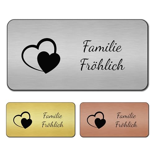 banjado® Türschild Silber personalisiert/Graviertes Klingelschild selbstklebend oder als Namensschild Briefkasten versch. Größen & Designs Hausschild personalisiert für Draußen mit Namen zwei Herzen von banjado