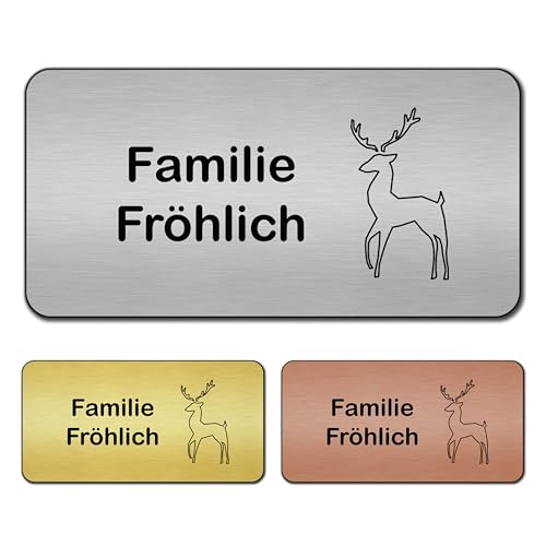 banjado® Türschild Silber personalisiert Graviertes Klingelschild selbstklebend oder als Namensschild Briefkasten versch. Größen Hausschild personalisiert für Draußen mit Namen Origami Hirsch von banjado