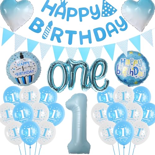 1. Geburtstag Dekorationen für Jungen - Blau Erster Geburtstag Dekor Happy Birthday Banner Nummer 1 Ballon Liebe "One" Folienballon Wimpel für Baby Junge 1 Jahr alt Geburtstag Party Supplies von batnite