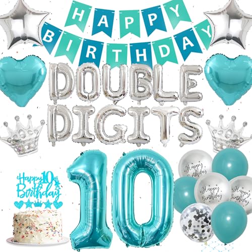 10 Geburtstag Dekorationen Blaugrün Luftballons - 53 Stück Teal Blue Party Decor Happy Birthday Doppelstellige Banner Zahl 10 Stern Krone Liebe Folienballon Kuchen Topper für Mädchen Jungen von batnite