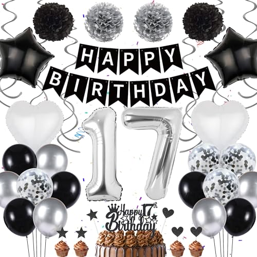 17 Geburtstag Dekorationen Schwarz Silber - 51 Stück 17 Geburtstag Deko für Jungen, Zahl 17 Folienballon Happy Birthday Banner Stern Liebe Luftballons Seidenpapier Pom Poms Cake Toppers für Mädchen von batnite